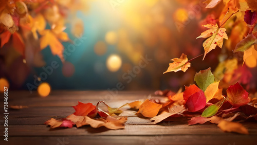 autumn leaves on wooden background, autumn leaves background, Fall abstract autumnal background with colorful leaves and sun flares, Generative AI photo