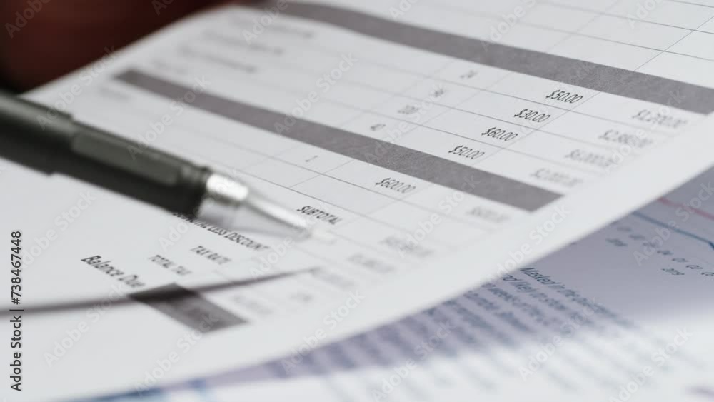 Close-up of financial cash flow data on PC screen. Counting invoices close-up. Mortgage chart Close-up of financial cash flow data on PC screen. Counting invoices close-up. Mortgage chart