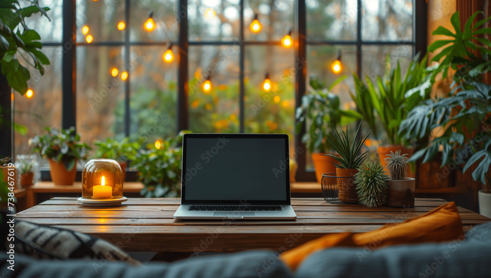 Fototapeta premium close up working desk with blank screen laptop on wooden table study room interior design template home interior background.