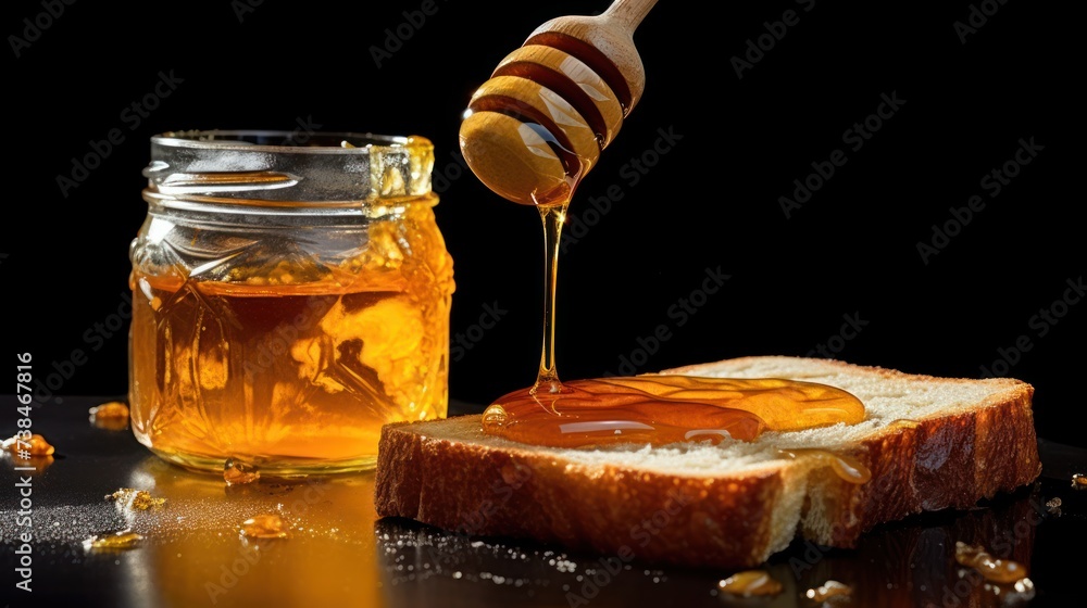 Honey dipped in a jar is poured over the bread Honey dipped in a jar is poured over the bread