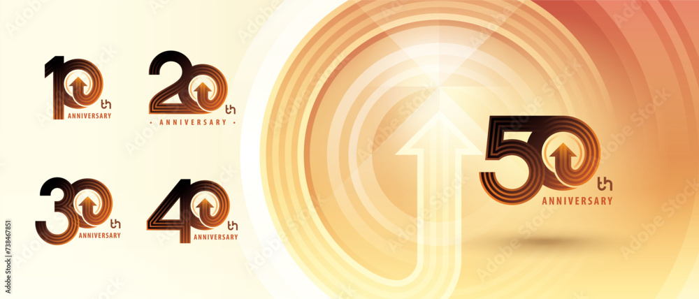 Obraz premium 10, 20, 30, 40, 50 year Anniversary logo design, Ten to Fifty years Anniversary Logo for celebration event, Abstract Double Lines Circle Arrow, Growth to Success Concept, Curved Arrows Right to Top.