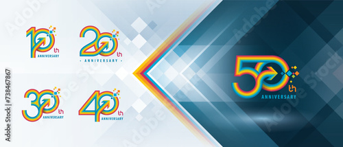 10, 20, 30, 40, 50 year Anniversary logo design, Ten to Fifty years Anniversary Logo for celebration event, Abstract Colorful Lines Circle Arrow, Growth to Success Concept, Curved Arrow Right to Pixel