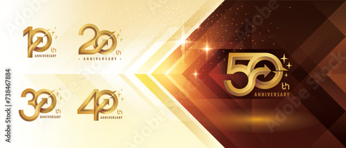 10, 20, 30, 40, 50 year Anniversary logo design, Ten to Fifty years Anniversary Logo for celebration event, Abstract Golden Circle Arrow, Growth to Success Concept, Curved Arrow Right to Stars Logo.