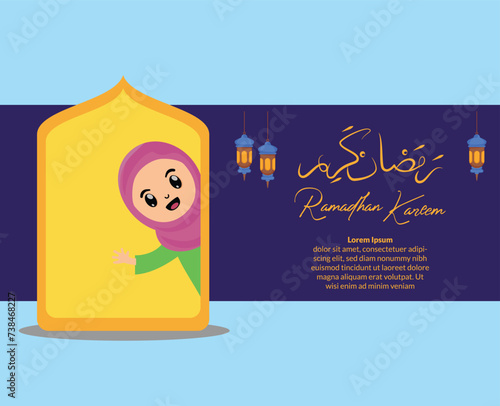 happy ramadhan kareem background with cartoon kid cute muslim girl