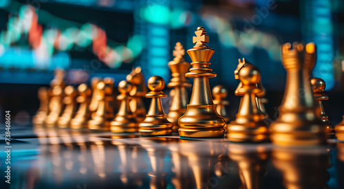 Golden chess pieces on chessboard with reflection on stock market screen business concept background.