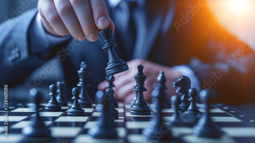 Strategic businessman in suit moving chess figure on chessboard