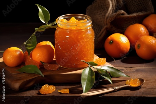 Homemade orange fruit jam in a jar on a wooden table