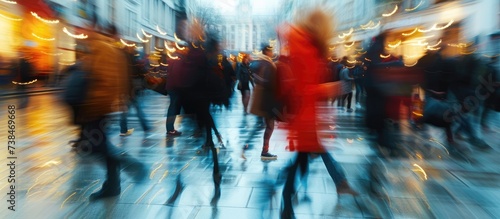 Blurred motion of rushing individuals on the street.
