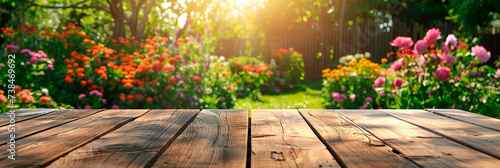 Empty wooden table on a beautiful garden background