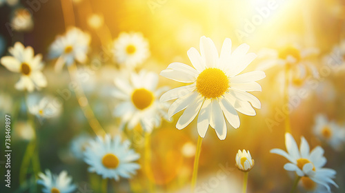 Beautiful chamomile flowers in the meadow, daisies blooming in the bright sunshine Nature scene in spring or summer with