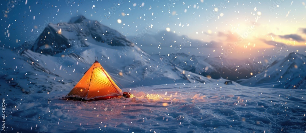 Winter scene with snow-covered mountains and a brightly lit tent.
