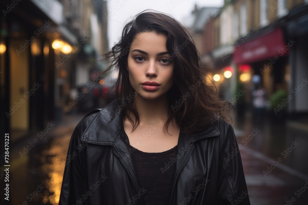 Portrait of a young beautiful woman in a black leather jacket.