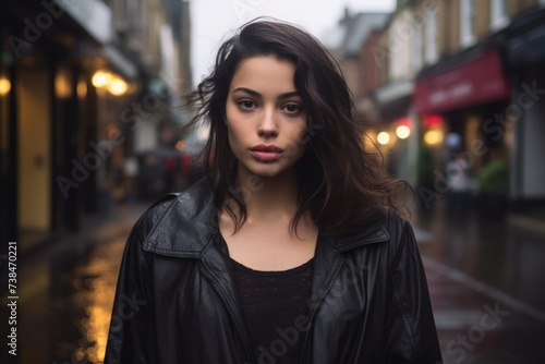 Portrait of a young beautiful woman in a black leather jacket.