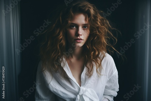 Portrait of a beautiful young woman with red hair in a white shirt