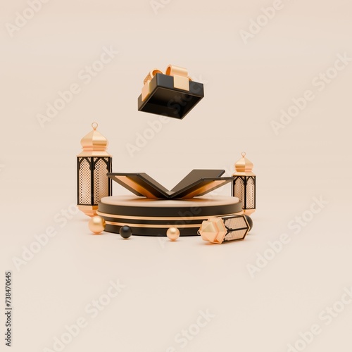 3D Render Ramadan Background with lantern, gift boxes and islamic ornaments for social media post template