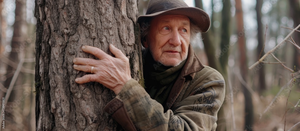People symbolize their love for nature, specifically on Earth Day, by hugging a tree trunk in the woods. A senior man conceals himself near the trunk while endeavoring to protect the planet from