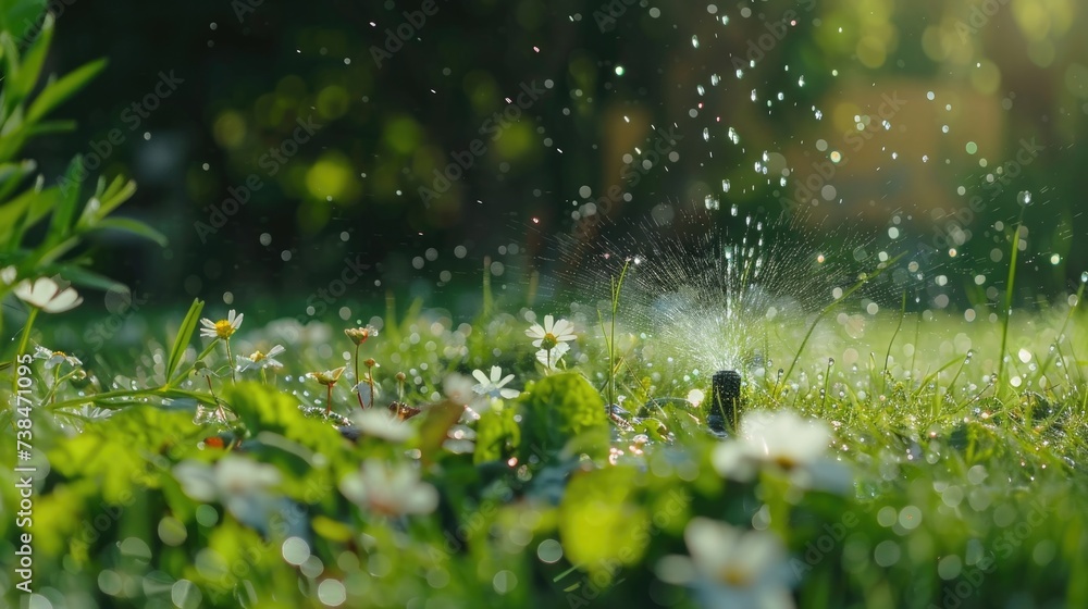 close up of a garden sprinkler spraying water onto grass and small flower  - obrazy, fototapety, plakaty 