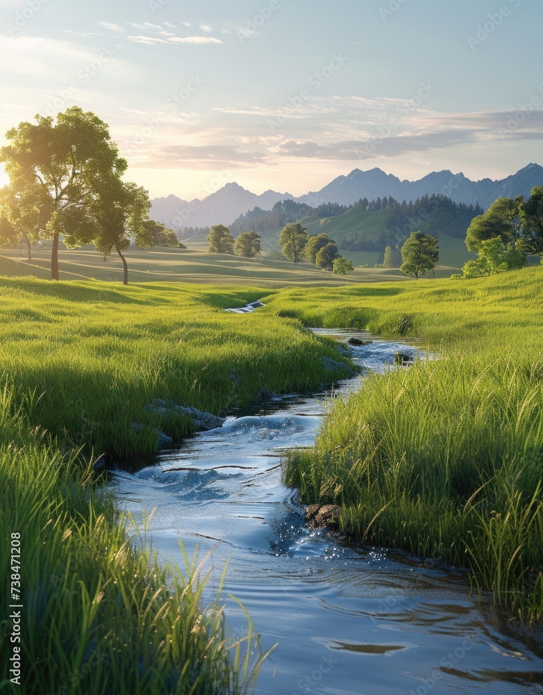 A meandering stream, green grass, mountains and trees in the distance, A meandering stream, green grass, mountains and trees in the distance,