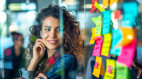 woman looking happy Young businesswoman and her team brainstorm with notes in the office