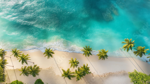Top view, summer beach with palm trees and ocean waves