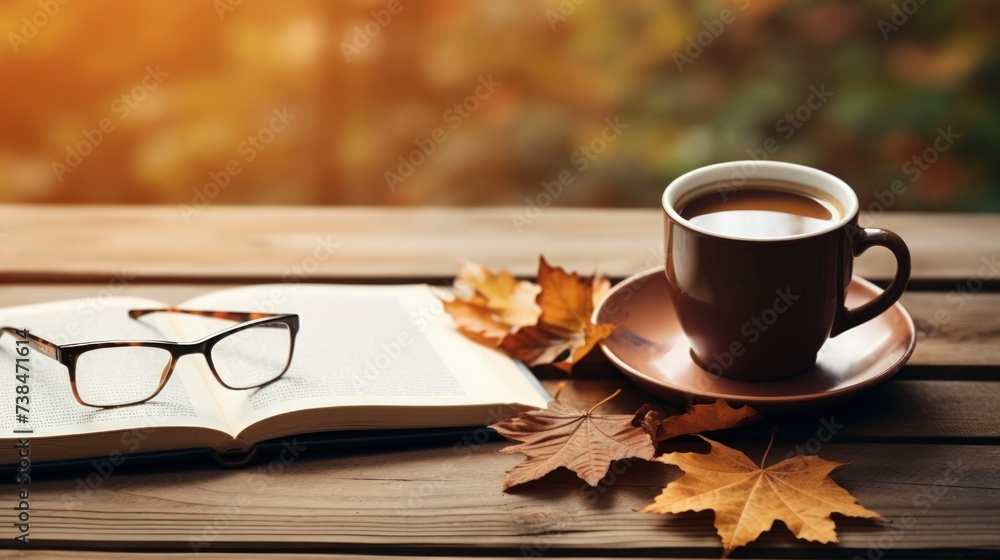 A cup of coffee, an open book, and glasses, with a blurred autumn background. A cup of coffee, an open book, and glasses, with a blurred autumn background.