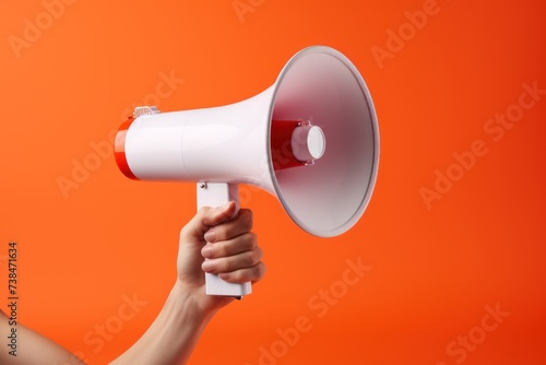 Hand holding megaphone on orange background