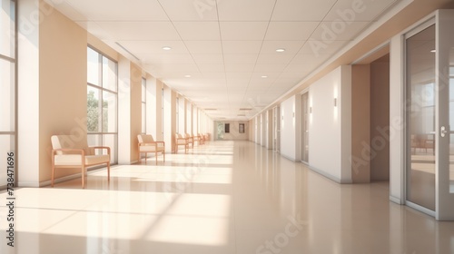 A long, bright hospital corridor with rooms and seating. © crazyass