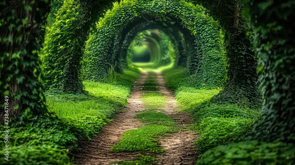 Fototapeta premium An enchanted forest, vibrant foliage, mystical creatures, green, whimsical, fantasy, dreamy photography