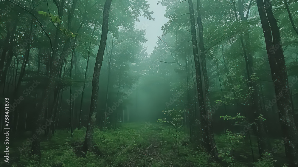 Fototapeta premium An enchanted forest, vibrant foliage, mystical creatures, green, whimsical, fantasy, dreamy photography