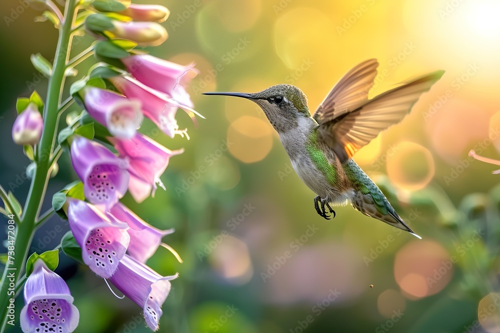 Obraz premium a male humming bird hovering near a foxglove flower, close-up shot, high detail, motion blur, amazing sunlight