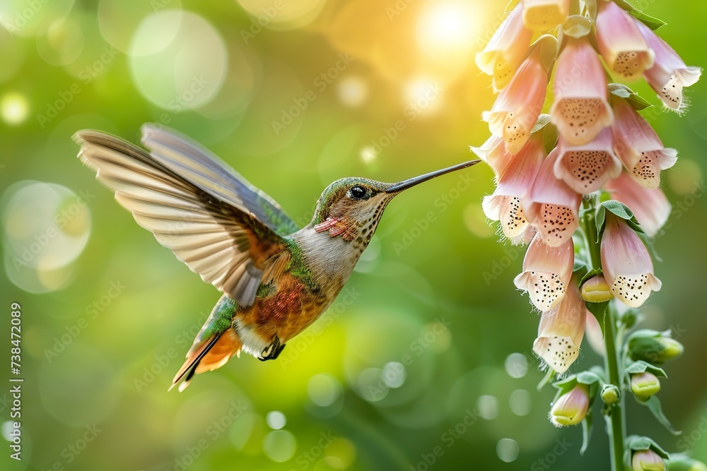 Obraz premium a male humming bird hovering near a foxglove flower, close-up shot, high detail, motion blur, amazing sunlight