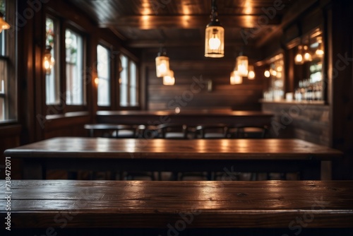 Rustic empty wooden table, Vintage pub interior, Dark wood counter, Restaurant space