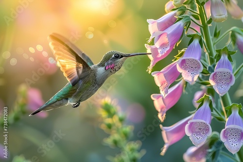 a male humming bird hovering near a foxglove flower, close-up shot, high detail, motion blur, amazing sunlight © JetHuynh