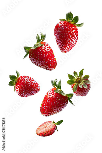 photo realistic, 3 or 4 Strawberries flying, Isolated on a white background PNG