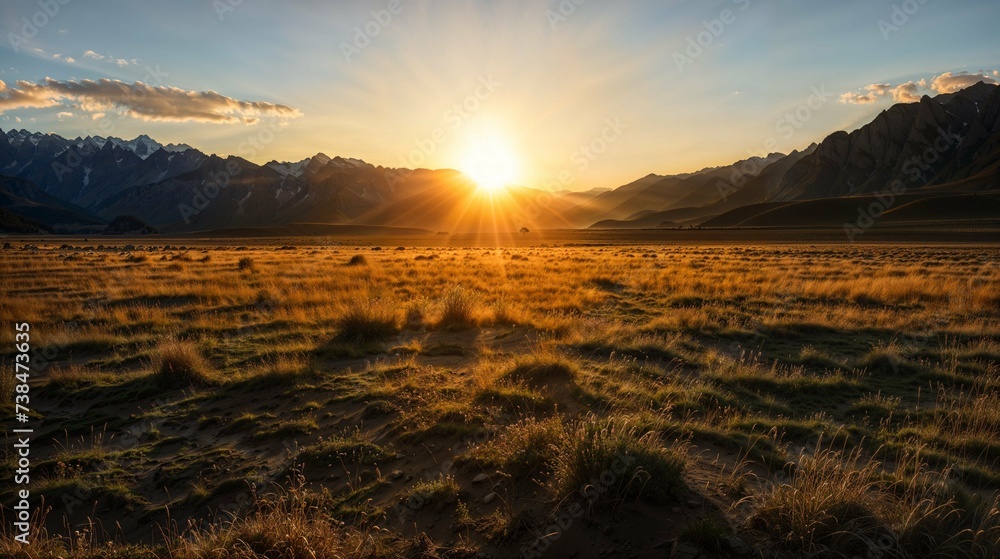Fototapeta premium Sunset Glow Over Golden Mountain Meadow 