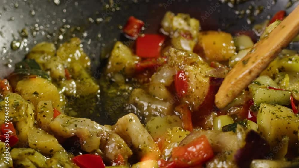 Chef cooking flambe vegetables on frying pan close-up. Color vegetables with some spice. Restaurant Food concept Chef cooking flambe vegetables on frying pan close-up. Color vegetables with some spice. Restaurant Food concept