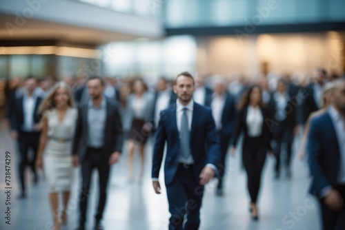 Crowd of business people walking in office fast moving with blurry business