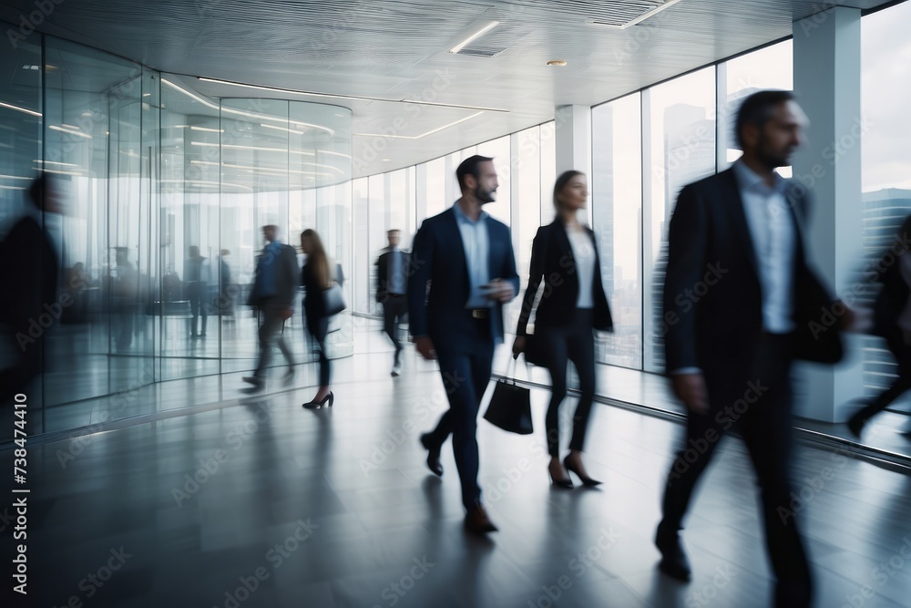 Crowd of business people walking in office fast moving with blurry business