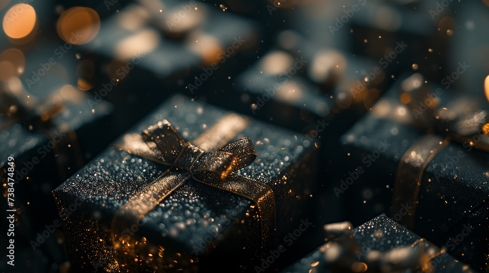 Elegant Navy Blue Gift Boxes with Golden Ribbons and Glittering Background Elegant Navy Blue Gift Boxes with Golden Ribbons and Glittering Background