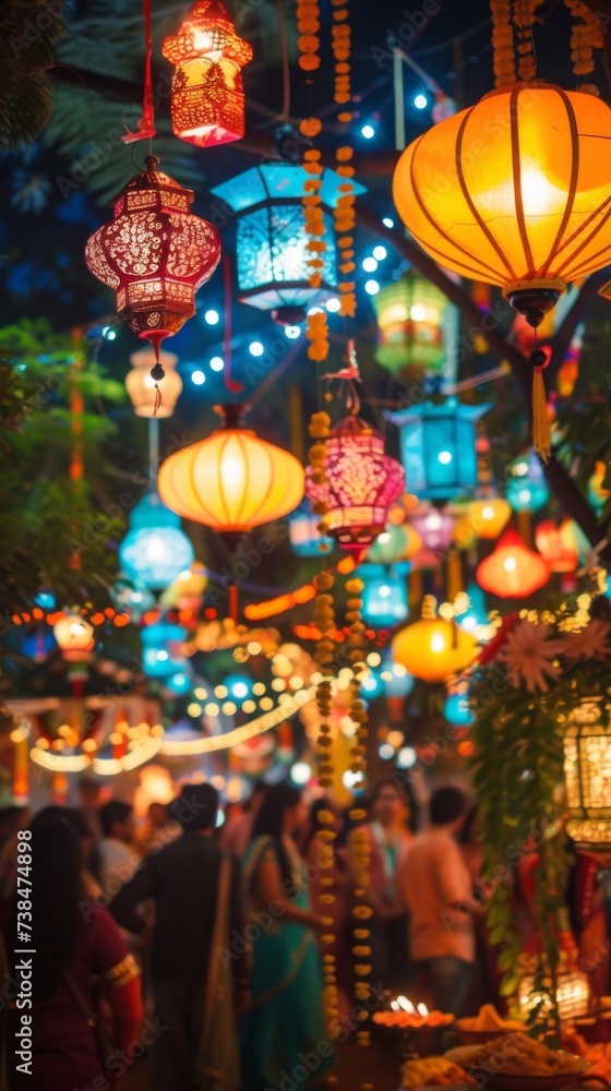Vibrant Diwali festival, people gathered, lanterns and diyas illuminating, floral decorations, joyful party spirit