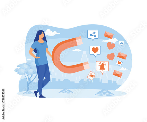 Social media influence concept.  Influence marketing. Woman with big magnet influencing people.  flat vector modern illustration 