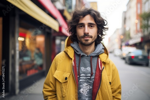 young handsome long curly hair hipster man with yellow jacket in the city