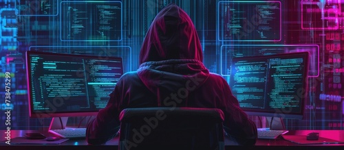 Dark web programmer or developer, utilizing technology for cybersecurity, ransomware, phishing, and coding, to create software that exploits IoT bugs and scams for safety. photo