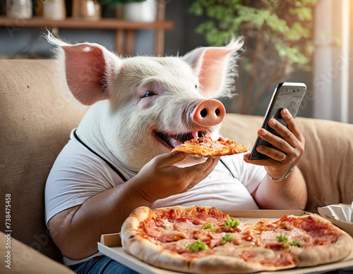 スマートフォンの画面を見ながらジャンクフードを食べるだらしない体型の豚の写真