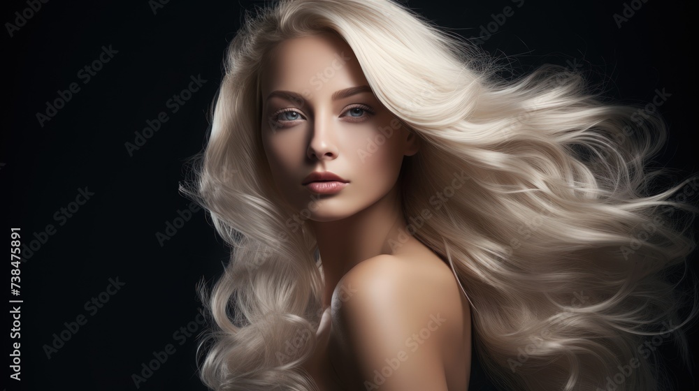 Naklejka premium Young woman with long blonde hair on dark background