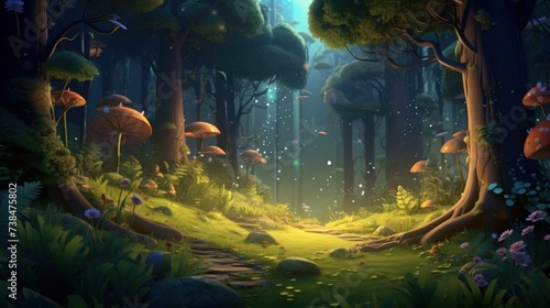 Illustration of a sprawling forest aglow with fireflies in the evening © crazyass