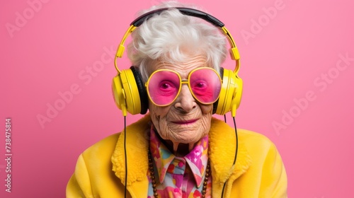 Elderly woman with gray hair wearing headphones