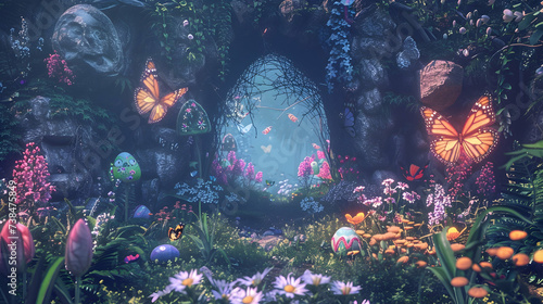A magical Easter garden filled with fluttering butterflies, blooming flowers, and hidden surprises waiting to be discovered