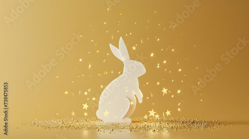 A minimalist Easter bunny silhouette crafted from crisp white paper, surrounded by a scattering of tiny golden stars © MistoGraphy