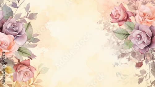 Fototapeta Naklejka Na Ścianę i Meble -  Watercolor-style background page featuring roses and leaves.